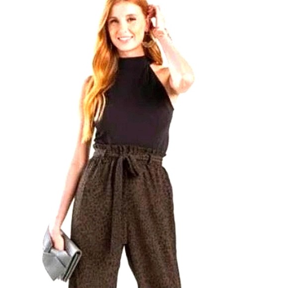 Charlie's Angels Jumpsuit Black Top Leopard Bottoms Sleeveless Wide Sz S Olive - Picture 2 of 10